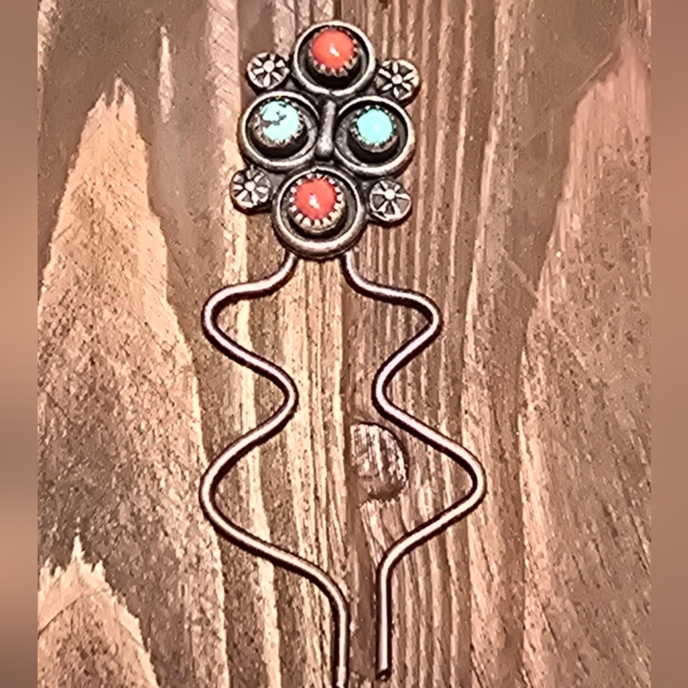 Vintage Native American Hairpin with Coral and Turquoise Accents